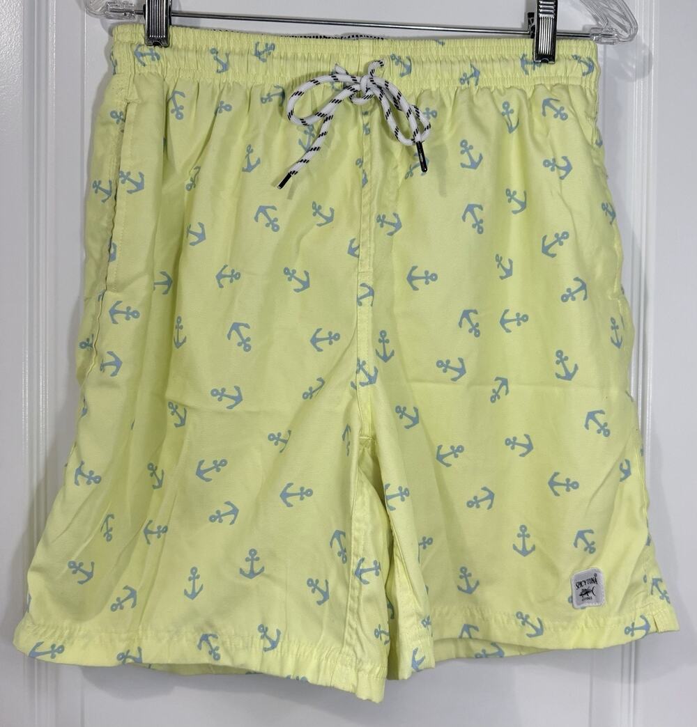 Spicy Tuna Men's Swim Trunks Drawstring Pockets Yellow Anchor Print Size Medium